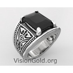 Мужское серебряное кольцо ручной работы с черным камнем и племенным орнаментом 0691
